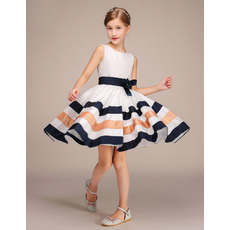 Girls Pretty Knee Length Flower Girl Dress with Belts and Stripes