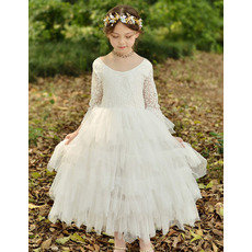 Custom Ankle Length Organza Flower Girl Dress with Long Lace Sleeves