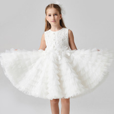 Custom Knee Length Lace Organza Pleated Skirt Flower Girl Dress