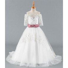 Custom Off-the-shoulder Sweep Train Flower Girl Dress with Belt