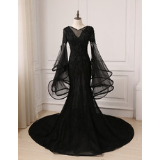 Mermaid Court Train Black Prom Dress with Trumpet Sleeves