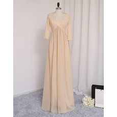Inexpensive V-Neck Long Chiffon Prom Dress with 3/4 Long Sleeves