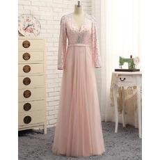 New V-Neck Floor Length Prom/ Formal Dress with Long Sleeves