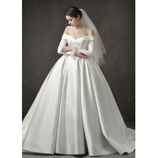 Custom Off-the-shoulder Long Satin Wedding Dresses with Long Sleeves