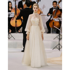 Affordable A-Line Floor Length Organza Wedding Dress with Long Sleeves