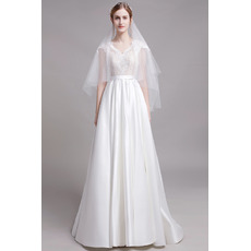 New Style Short Sleeves Floor Length Lace Satin Wedding Dress