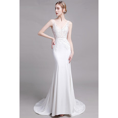 Sexy Mermaid V-Neck Sleeveless Floor Length Lace Satin Bridal Dress