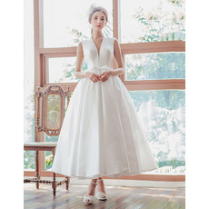 Custom Ball Gown V-Neck Sleeveless Tea Length Satin Wedding Dress