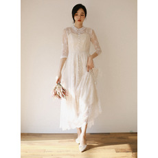 New Ankle Length Lace Bridal Dress with 3/4 Long Sleeves