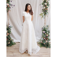 Custom V-Neck Long Satin Lace Wedding Dress with Short Sleeves