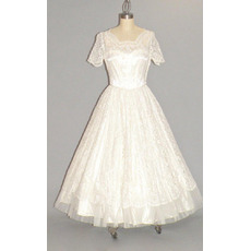 Custom A-Line Tea-Length Lace Bridal Dress with Short Sleeves