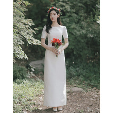 Vintage Column Floor Length Satin Wedding Dress with Short Sleeves