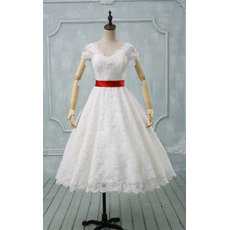 Inexpensive A-Line V-Neck Knee Length Lace Wedding Dress with Belt