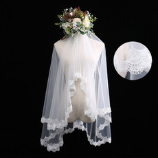 2 Layers Fingertip-Length Tulle with Lace White Wedding Veils