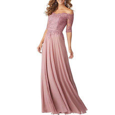 Affordable Off-the-shoulder Long Chiffon Applique Bridesmaid Dress
