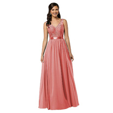 V-Neck Floor Length Lace Chiffon Bridesmaid Dress with Belt