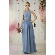 Elegant A-Line Halter Floor Length Lace Chiffon Bridesmaid Dress