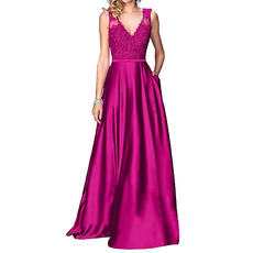 Discount A-Line V-Neck Floor Length Satin Applique Bridesmaid Dress