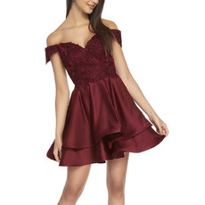 Affordable Off-the-shoulder Short Satin Lacing Homecoming Dress