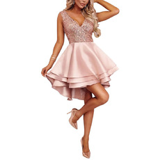 Custom A-Line V-Neck High-Low Short Satin Beading Homecoming Dress