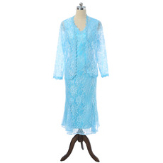 Casual Sheath V-Neck Tea Length Lace Mother Formal Dress with Jackets