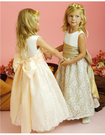Cheap A-line Round-neck Ankle-length Satin Lace Flower Girl Dress