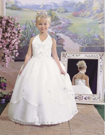 Girls Pretty Halter Ball Gown Floor Length Satin Catholic First Holy Communion Dress