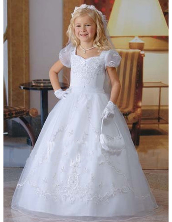 Girls Floor Length Catholic First Communion Dress/ Cap Sleeves Satin Flower Girl Dress