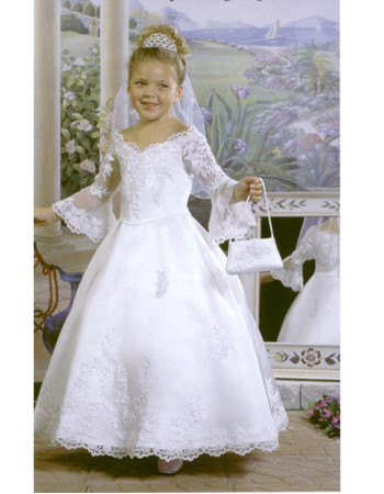 Girls Ball Gown First Communion Dress/ Long Sleeves Flower Girl Dress