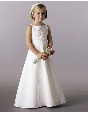 Girls Satin First Communion Dress/ A-Line Beaded Flower Girl Dress