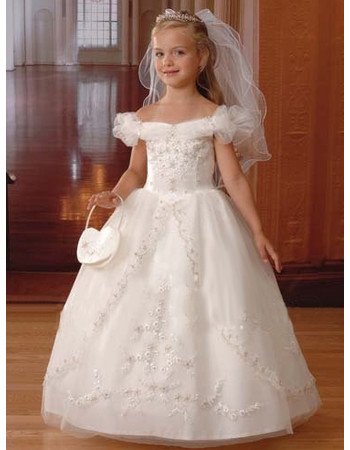 Girls Pretty White Puff Sleeves First Communion Dress/ Tulle Bubble Skirt Flower Girl Dress