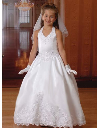 Girls Princess Halter Bubble Skirt white Long First Communion Dress