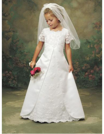 Little Girls Cheap Classy A-Line Lace First Communion Dress/ Cute Full Length Short Sleeves Flower Girl Dress