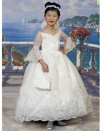 Classic Princess Ball Gown Long Sleeves Satin First Holy Communion Dress