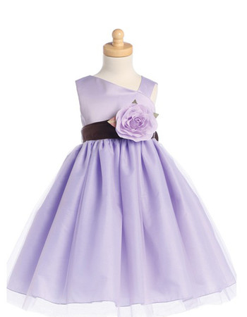 Inexpensive Cute A-Line Asymmetric Tea Length Satin Tulle Flower Girl Dress