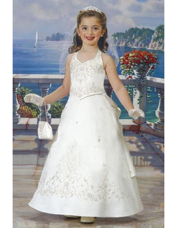 Affordable Little Girls Classic A-Line Halter Satin White First Communion Dress