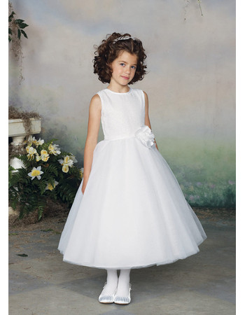 Little Girls Lovely A-Line Tea Length Round Satin First Communion Dress with 3D Flowers