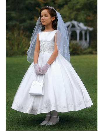 Classic Lovely Ball Gown Tea Length Satin First Communion Dress with Bubble Skirt