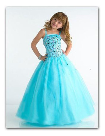 Inexpensive Blue Easter Girls Dress/ Floor Length Bubble Skirt Flower Girl Dress