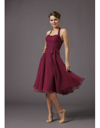 Inexpensive Simple Classic A-line Bridesmaid Dress/ Halter Knee Length Chiffon Satin Wedding Party Dress with sash