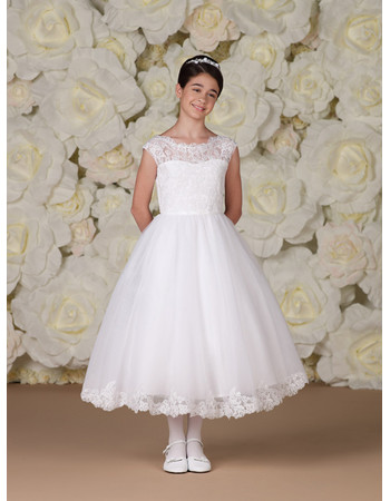 Discount Elegant A-Line Tea Length Lace White Flower Girl/ Plus Size First Communion Dress