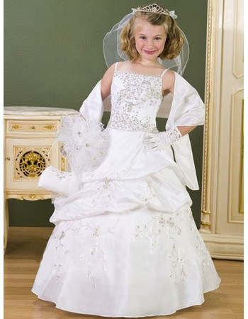 Cheap Designer Classic Ball Gown Spaghetti Straps White First Communion Dress/ Floor Length Beading Satin Flower Girl Dress with