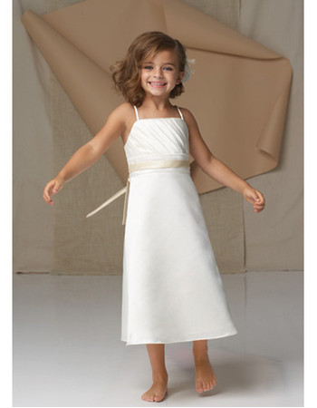 Classic Cute A-Line Square Sleeveless Flower Girl Dress/ Tea Length Satin Girl Dress