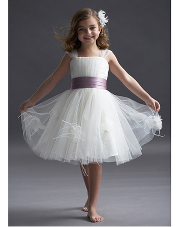 Pretty Ball Gown Square Sleeveless Flower Girl Dress/ Knee Length Satin Tulle Girl Dress