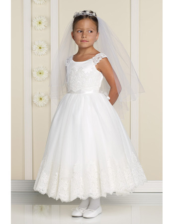 Affordable Classic Beautiful A-Line Round Ankle Length Applique Tulle Flower Girl/ First Communion Dress