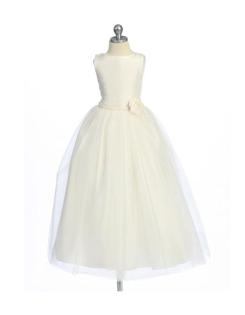 Affordable Simple A-Line Round Neck Tea Length Ruffle Flower Girl/ First Communion Dress