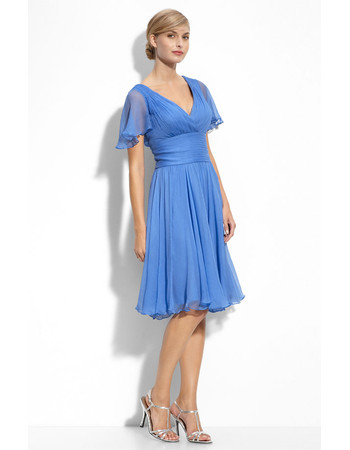 Designer Stylish A-Line V-Neck Short Sleeves Knee Length Chiffon Mother of the Bride Dress