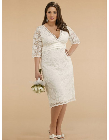 Custom Designer V-Neck Knee Length Lace Plus Size Wedding Dress with Sleeves