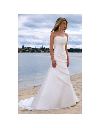 Discount Custom Classic A-Line Strapless Chapel Train Satin Wedding Dress for Brides