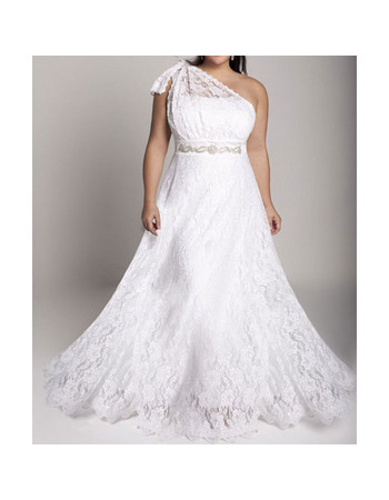 Inexpensive A-Line Lace Garden Plus Size Wedding Dress/ One Shoulder Bridal Gown